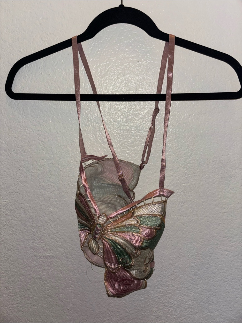 Butterfly Embroidered Pastel Lace Cross Back Crop Top- Pink & Mint - Picture 2 of 3